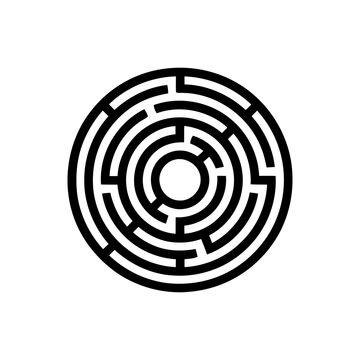 Circular maze puzzle vector icon representing complex paths and logical challenge for educational games and graphic design projects isolated on white background for web and print media.