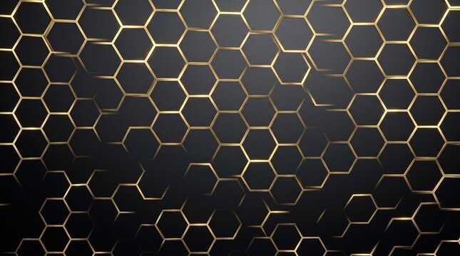 Gold hexagon pattern on black background. Luxury geometric texture with metallic lines.