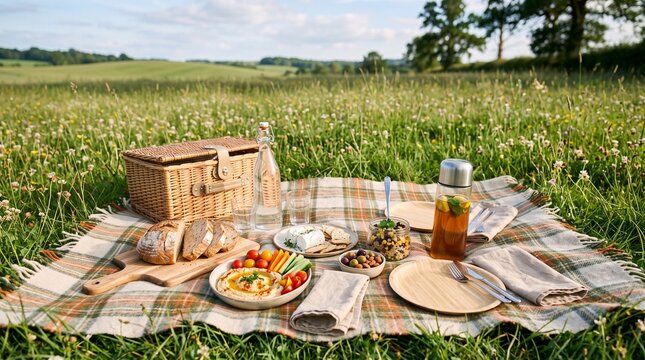 Summer picnic setup on a meadow. Outdoor dining with food and basket on a blanket.
