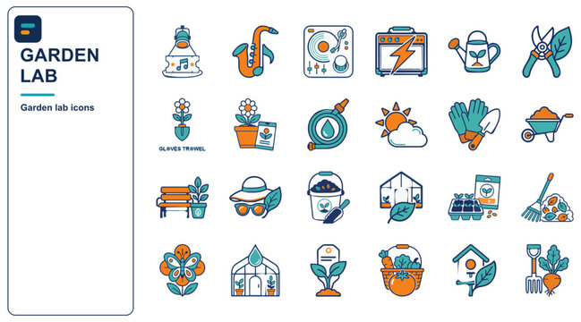 Garden lab icon set - flat vector icons of seedling, soil test, plant, watering and gardening science