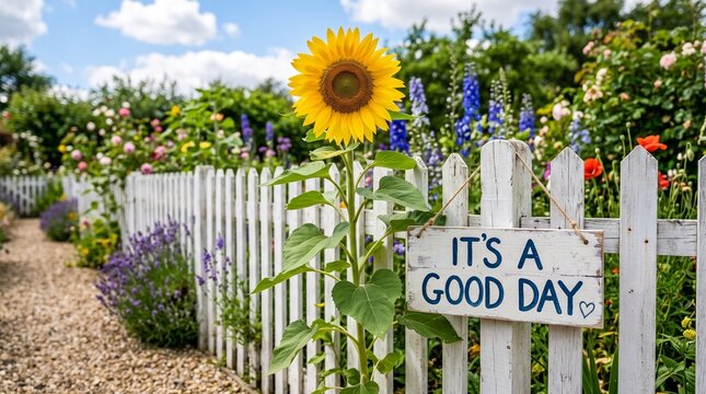 Sunflower in a garden with a sign. Floral scenery with a positive message on a white fence.