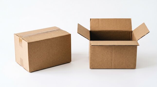 Cardboard boxes on white background. Open and closed shipping parcels for delivery.