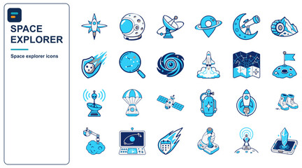 Space explorer icon set - flat vector icons of astronaut, rocket, planets, spaceship and space exploration © wanjae