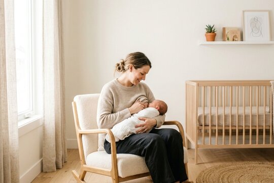 Loving mother breastfeeding newborn baby in cozy nursery chair indoors.