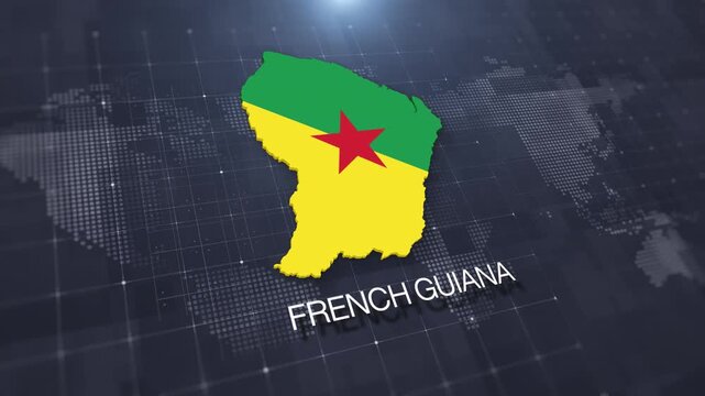 French Guiana map with national flag on digital world map background, geographic border, global political and international news concept