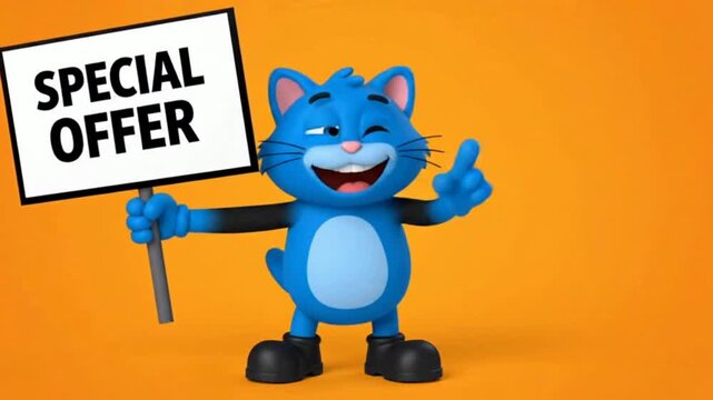 3 d cartoon blue cat character holding special offer sign and pointing to sales promotion on orange background