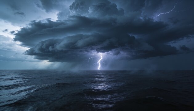 Forked lightning striking open ocean beneath massive shelf cloud at sea, reflecting on choppy waves