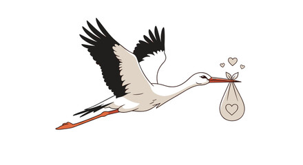 Obraz premium Graceful white stork flying through the air and carrying a small baby bundle with hearts for birth announcements and newborn celebration themes.