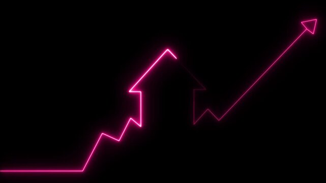 Home icon house sign neon lights animation with up success arrow increase. Neon House, home building animation. Neon home business graph animation, Lightning, house sign neon