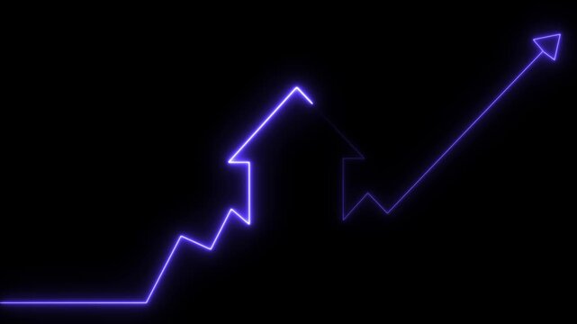 Home icon house sign neon lights animation with up success arrow increase. Neon House, home building animation. Neon home business graph animation, Lightning, house sign neon