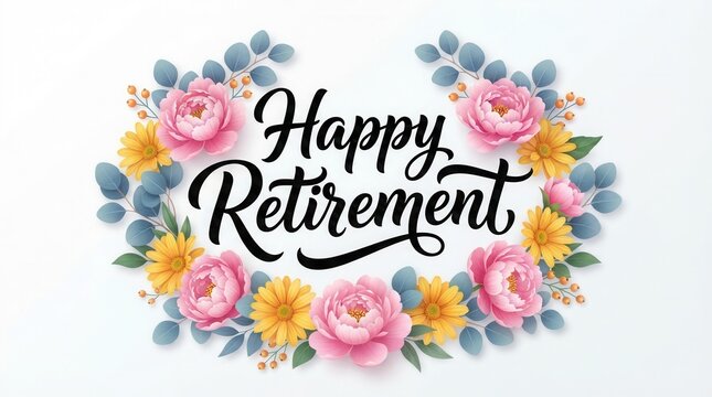 Elegant typography for a happy retirement announcement framed by celebratory floral design.