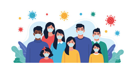 Fototapeta premium Diverse group of people wearing protective face masks surrounded by stylized virus symbols to represent public health awareness.