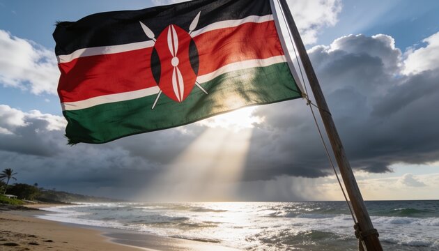 Waving Kenyan flag fluttering on wooden pole at sandy beach, showing Maasai shield and spears
