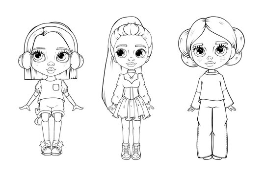 Set of three cute anime chibi girls with different hairstyles, black and white line art coloring page illustration