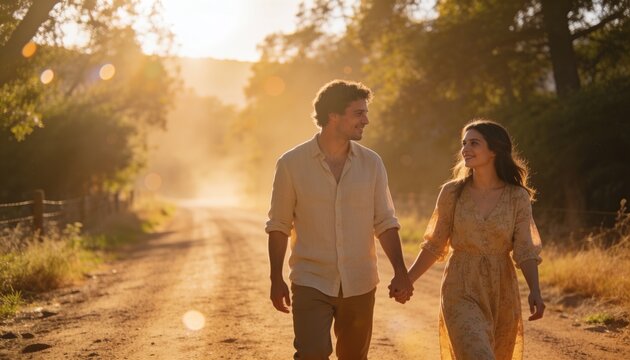 Walking couple holding hands on dirt road golden-hour, man cream shirt, woman floral dress, fence