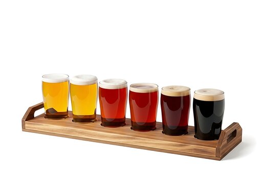 Six different craft beer glasses in a row served on a wooden tasting flight paddle tray