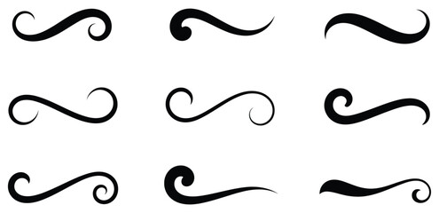 Swoosh and swash symbols with retro tail shapes for sports logos, baseball artwork, lettering design, decorative accents, and typography ©         