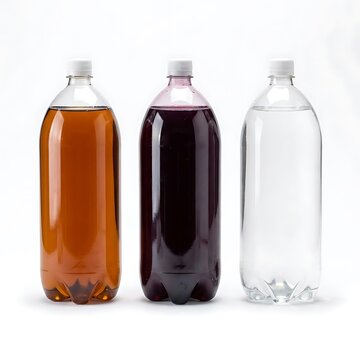 Three plastic bottles with cola tea and water standing in a row for refreshing drinks and beverages. 2 liter soda
