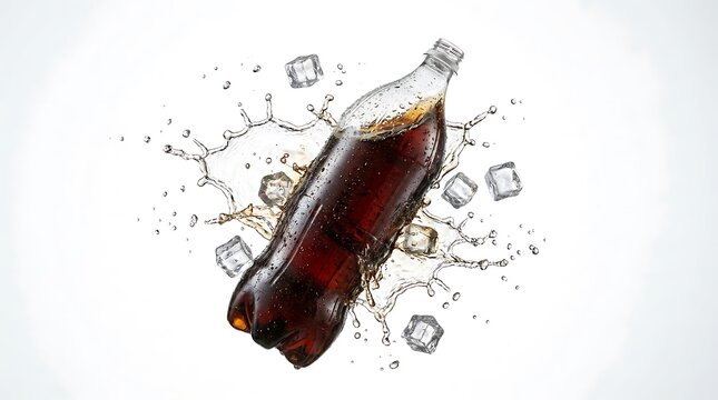 Glass bottle of cold dark soda drink splashing with fresh ice cubes and bubbles on a clean surface. 2 liter soda