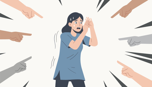 Scared young woman cowers in fear as multiple accusatory hands point fingers at her from all sides, representing blame.