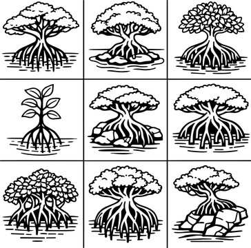 Nine black outline mangrove tree illustrations with exposed roots rocks leaves and water ripples