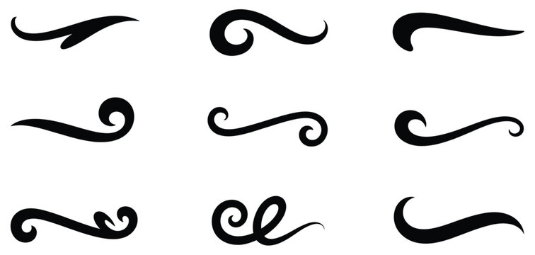 Swoosh and swash tail shapes for baseball designs, retro typography, sports branding, text underline accents, and dynamic graphic