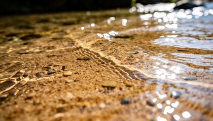 Fototapeta premium Rippling clear shallow water revealing sandy riverbed and small pebbles in stream, sun glints