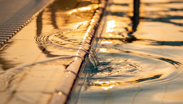 Flowing water sheet at pool overflow edge creating concentric ripples at poolside, sun reflections