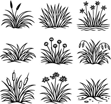 Nine black botanical silhouettes featuring cattails, reeds, ornamental grasses and wetland flowers