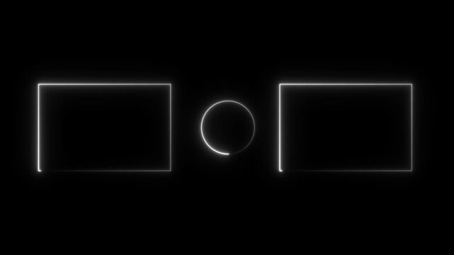 End Screen Neon Frame isolated on black background. Neon abstract rectangle shape line animation.