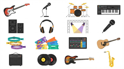 Naklejka premium Music festival and concert icons set. Pixel art collection of musical instruments and gear.