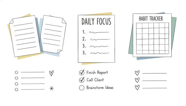 Collection of hand-drawn planner pages including a to-do list, a daily focus page, and a tracking grid for healthy habits.