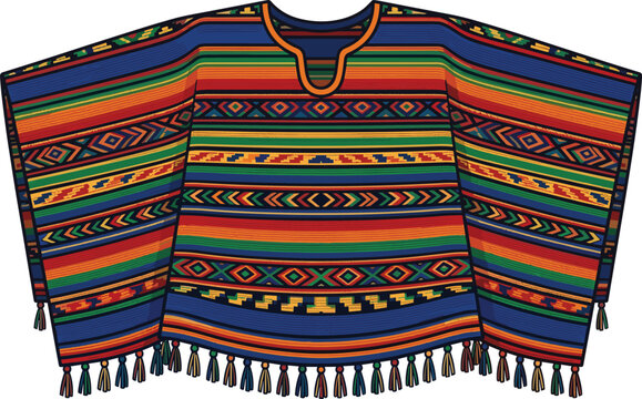 Traditional Mexican Serape Poncho Vector Illustration with Colorful Geometric Patterns and Fringe for Apparel Designs
