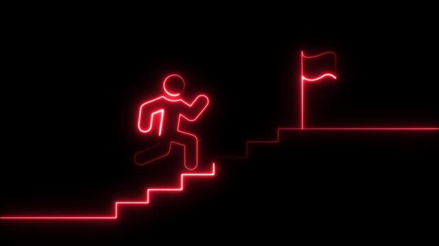 Man and stairs icon sign icon animation on Glowing neon business graph chart concept . 4K neon animation of a person climbing stairs with glowing neon lines on black background.