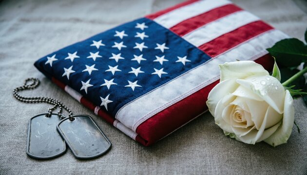 Folded american flag with white rose and military dog tags for memorial day remembrance and honoring veterans