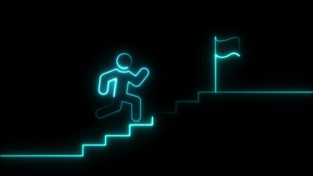 Man and stairs icon sign icon animation on Glowing neon business graph chart concept . 4K neon animation of a person climbing stairs with glowing neon lines on black background.