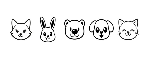 Fototapeta premium Set of six cute cartoon animal faces in flat style with pastel colors, animal face vector, animal cartoon faces