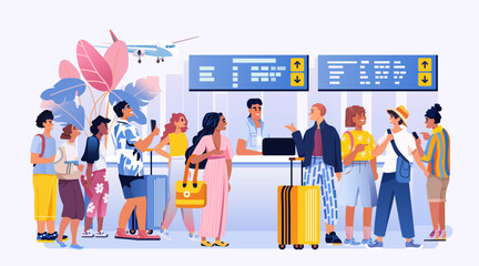 Obraz premium Summer airport travelers group waiting check-in counter airplane tropical leaves colorful outfits luggage holiday vacation concept banner