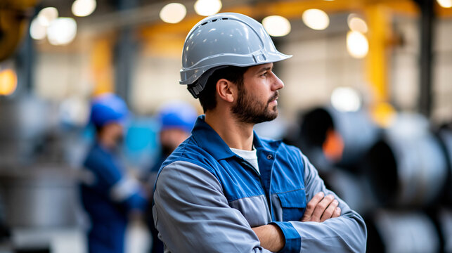 Faceless safety-conscious foreman supervising workers in an active fabrication workshop, fabrication workshop, safety supervision, industrial foreman, factory oversight,