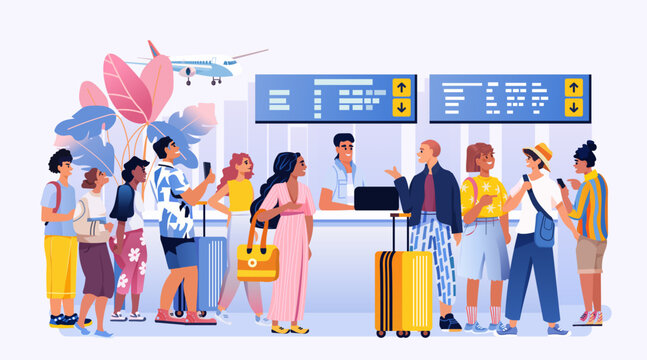 Summer airport travelers group waiting check-in counter airplane tropical leaves colorful outfits luggage holiday vacation concept banner