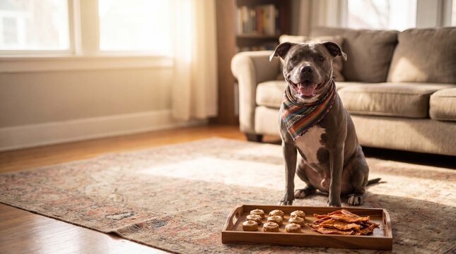 Happy dog pitbull wearing colorful party bandana celebrates National Dog Day with peanut butter cupcakes at home, cheerful lifestyle background with copy space