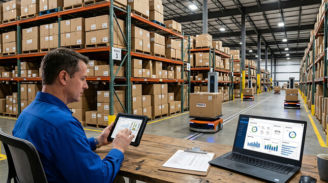 Warehouse supervisor controlling automated logistics system using mobile device in large distribution center