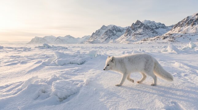 Arctic Fox in Snowy Landscape: A solitary Arctic fox with pristine white fur traverses a vast, snow-covered tundra under a bright, icy sky. Majestic snow-capped mountains loom in the distance.
