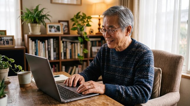 Asian elderly man using laptop at home with cozy interior setting for technology lifestyle and work from home concept