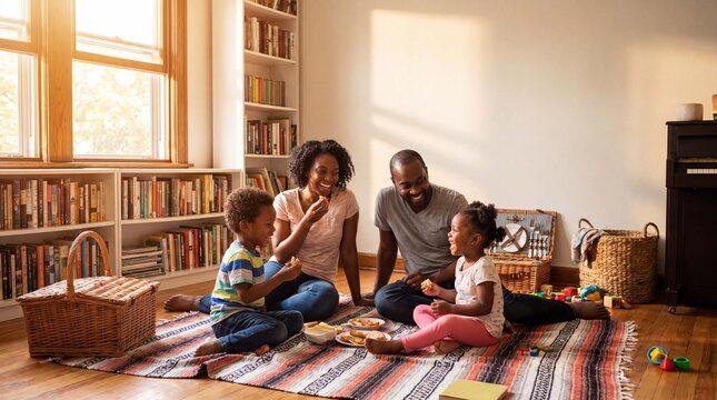 Happy family is enjoying indoor picnic together on blanket in cozy living room