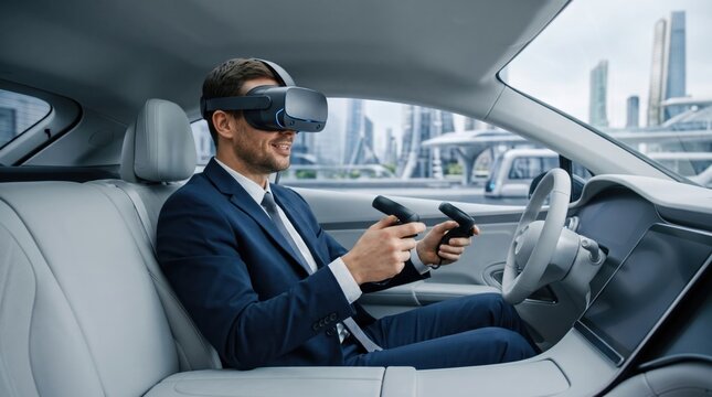 Businessman using virtual reality headset in autonomous car for future technology innovation and design concept