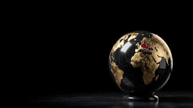 Black and gold world globe highlighting Europe on dark background