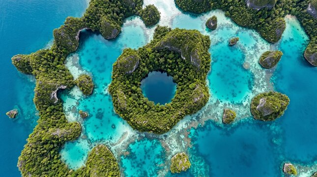 Surreal Island Formation: An aerial view reveals a breathtaking natural wonder, an island with a perfectly circular hole in its center.