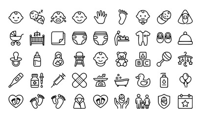 Create a professional Baby Products and Childcare Outline Icon Set containing exactly 60 unique thin line vector icons. Use a modern minimal outline design with editable stroke, 2 px consistent line w © Tajmira