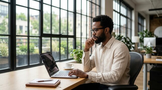 Black man wearing a light shirt and glasses thinking about work while using a laptop in the office.